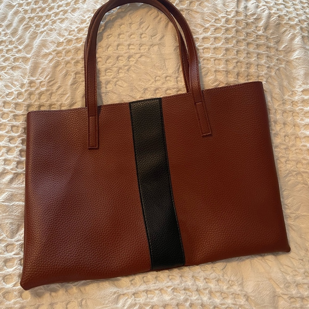 Vince Camuto  Brown Vegan Leather Tote Bag with Black Accent